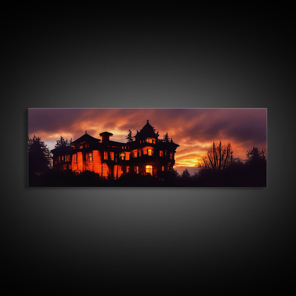 Spooky Haunted House, Panoramic Wall Art Canvas Print, Ready To Hang, Creepy Wall Decor, Gloomy Art