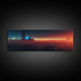 Cyberpunk Cityscape, Ready To Hang Canvas Print, Panoramic, Cyberpunk Concept Art, Cityscape at Sunset, Cool mancave art, gift for him