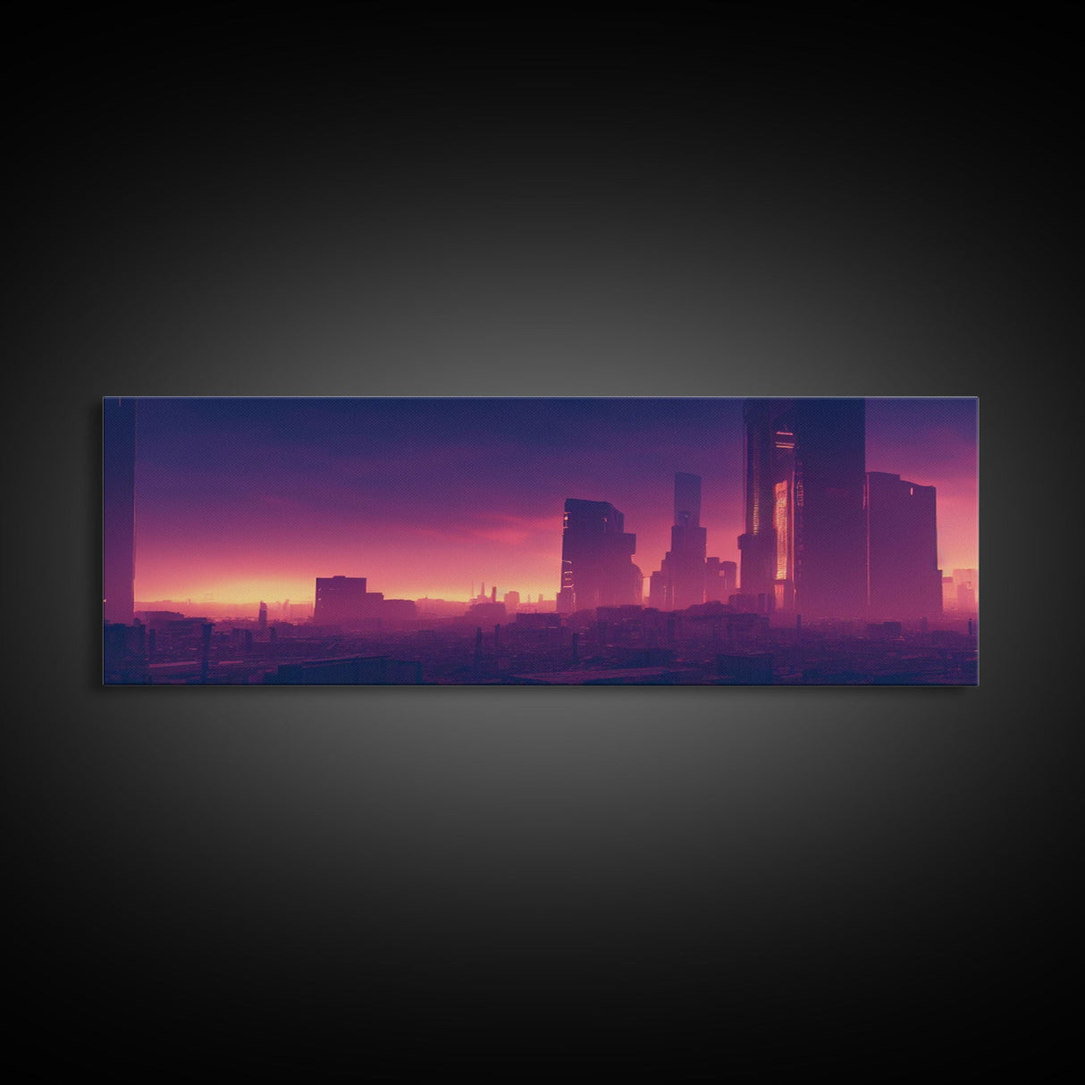 Cyberpunk Cityscape, Ready To Hang Canvas Print, Panoramic, Cyberpunk Concept Art, Cityscape at Sunset, Cool mancave art, Purplewave