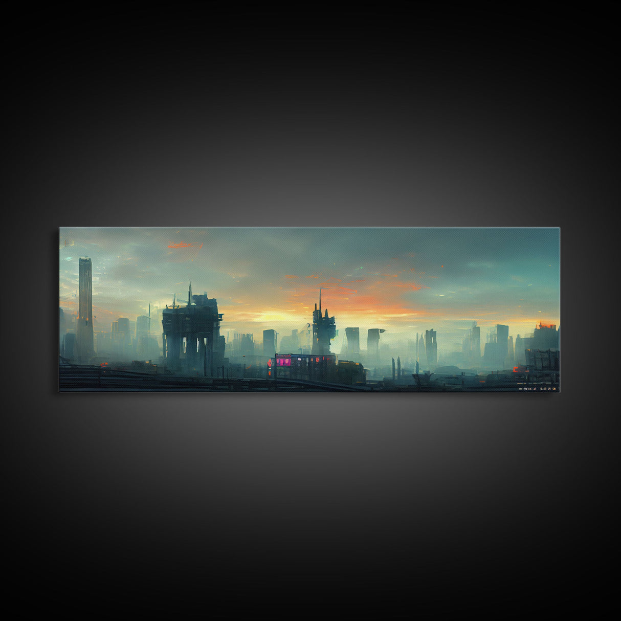 Night City Watercolor, Cyberpunk City, Ready To Hang Canvas Print, Panoramic, Videogame Concept Art, Watercolor Painting Of a Cyberpunk City