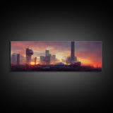 Cyberpunk Cityscape, Metropolis Art, Ready To Hang Canvas Print, Panoramic, Night City Watercolor Concept Art