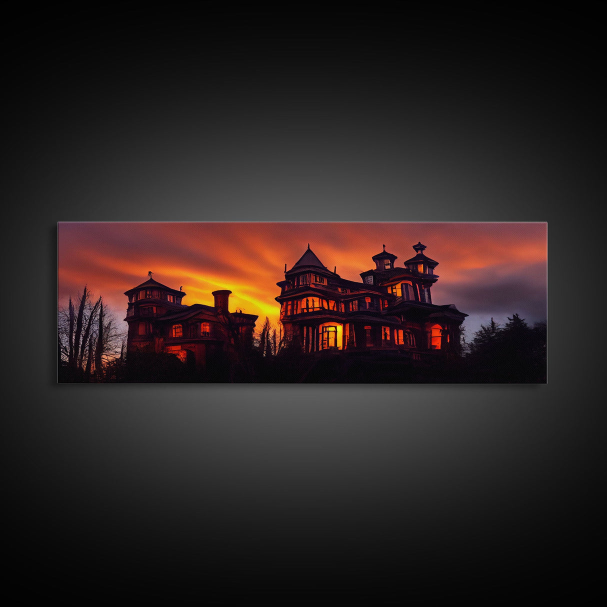 Spooky Victorian Haunted House, Panoramic Wall Art Canvas Print, Ready To Hang, Creepy Wall Decor, Gloomy Art, Scary Halloween Wall Decor