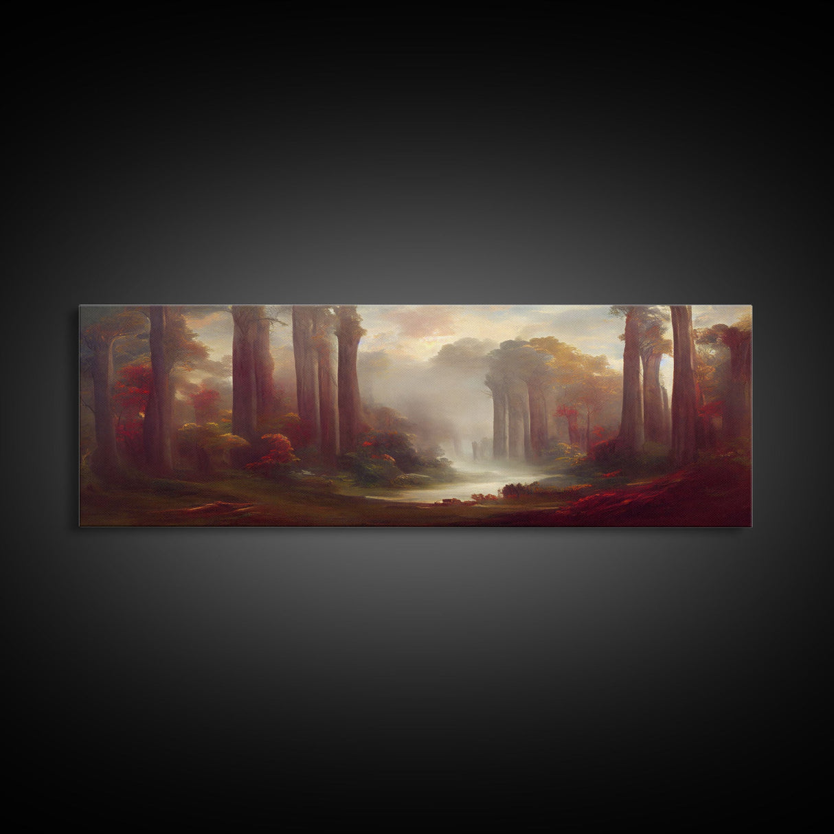 Hazy Forest Fantasy Art, Ready To Hang Canvas Print, Panoramic Art, Fog Covered Forest High Fantasy RPG Concept Art