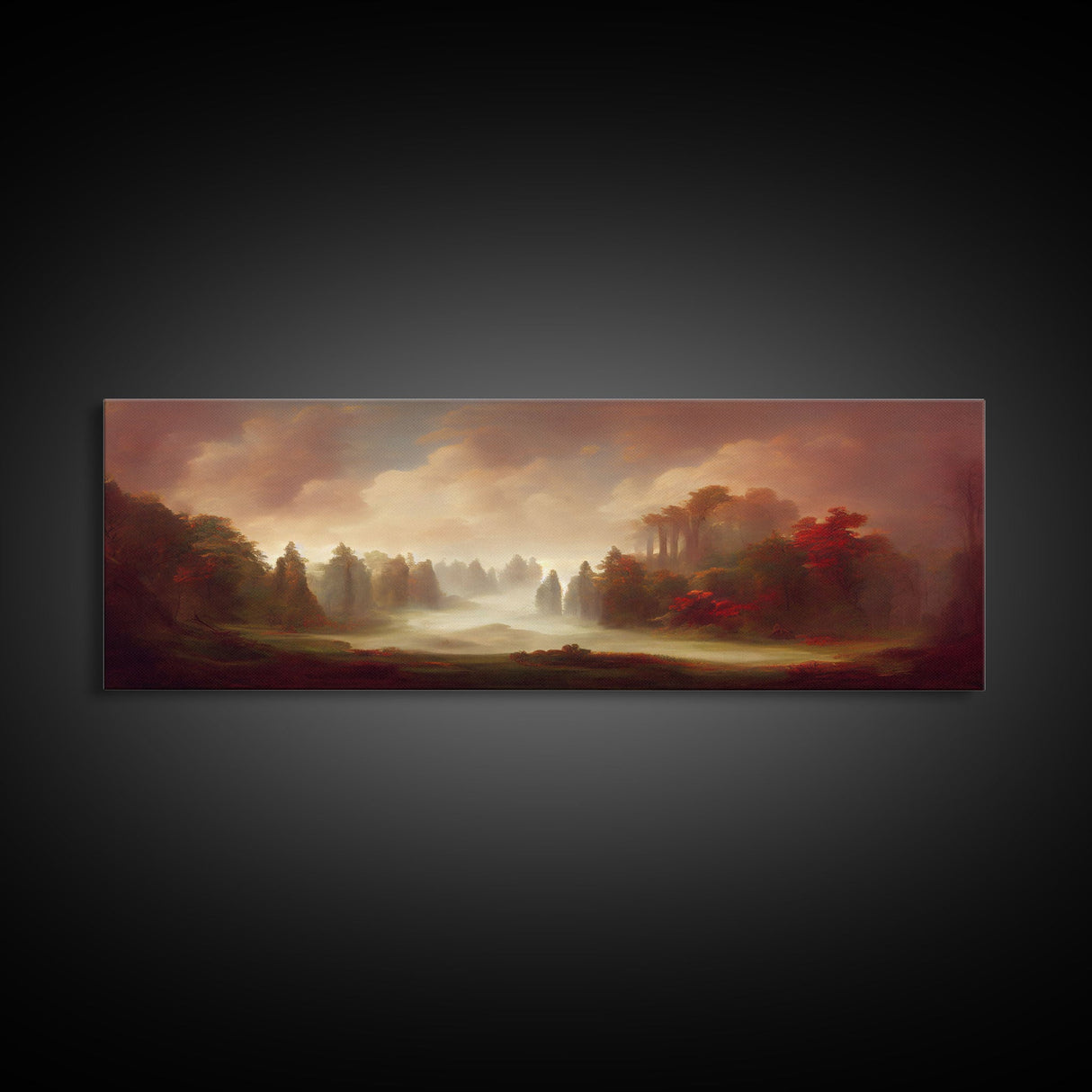 Hazy Forest Fantasy Art, Ready To Hang Canvas Print, Panoramic Art, Fog Covered Forest High Fantasy RPG Concept Art