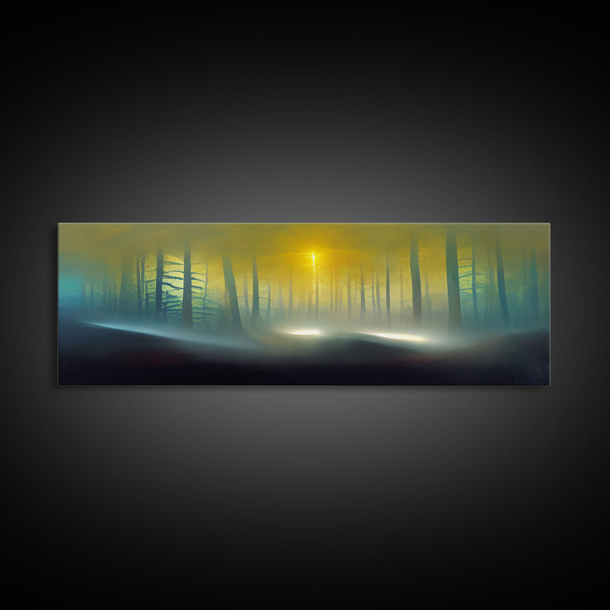 Foggy Forest, UFO Sighting, Ready To Hang Canvas Print, Panoramic Art, Scifi Wall Art