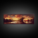 Prehistoric Abstract Landscape Art, Ready To Hang Canvas Print, Panoramic Art, Dinosaurs At Sunset