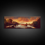 Prehistoric Dinosaur Abstract Landscape Art, Ready To Hang Canvas Print, Panoramic Art, Dinosaurs At Sunset