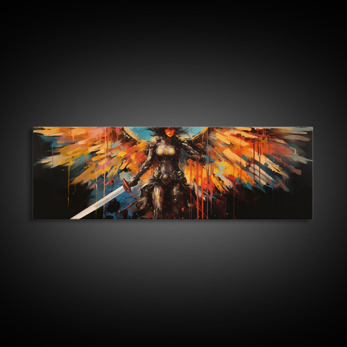 The Battle Angel, Framed Canvas Print, Game Room Art, Panoramic Painting, Panoramic Wall Art, Extra Large Wall Art