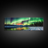 Aurora Borealis, Northern Lights Panoramic Framed Canvas Print, Beautiful Winter Wonderland Landscape Painting