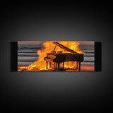 Burning Piano On The Beach, Surreal Art, Framed Canvas Print, Panoramic Wall Art