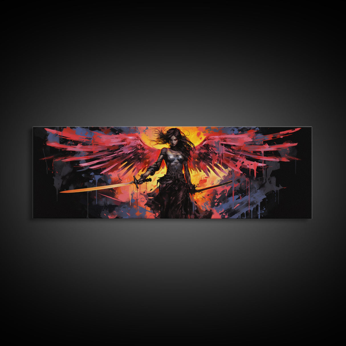 The Battle Angel, Framed Canvas Print, Game Room Art, Panoramic Painting, Panoramic Wall Art, Extra Large Wall Art