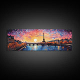 Eiffel Tower Abstract Paris France Panoramic Framed Canvas Print, Van Gogh Inspired Original Painting, Colorful Wall Art