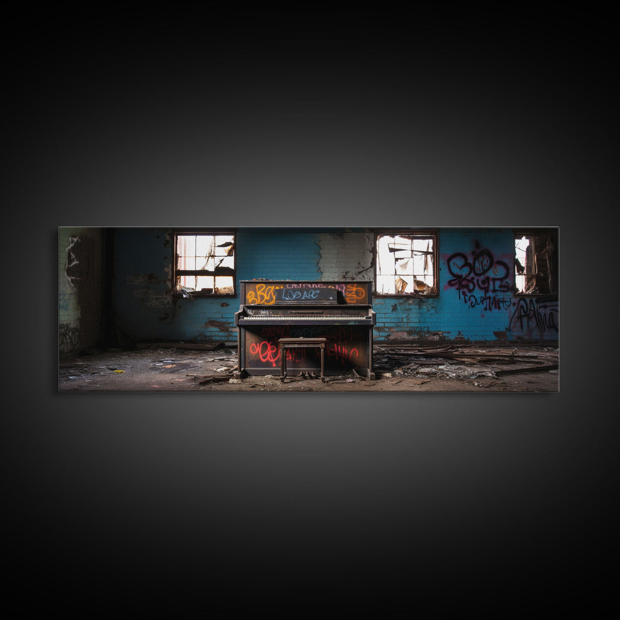 The Abandoned Piano, Urban Decay Art, Street Art, Framed Canvas Print, Graffiti Art, Panoramic Wall Art