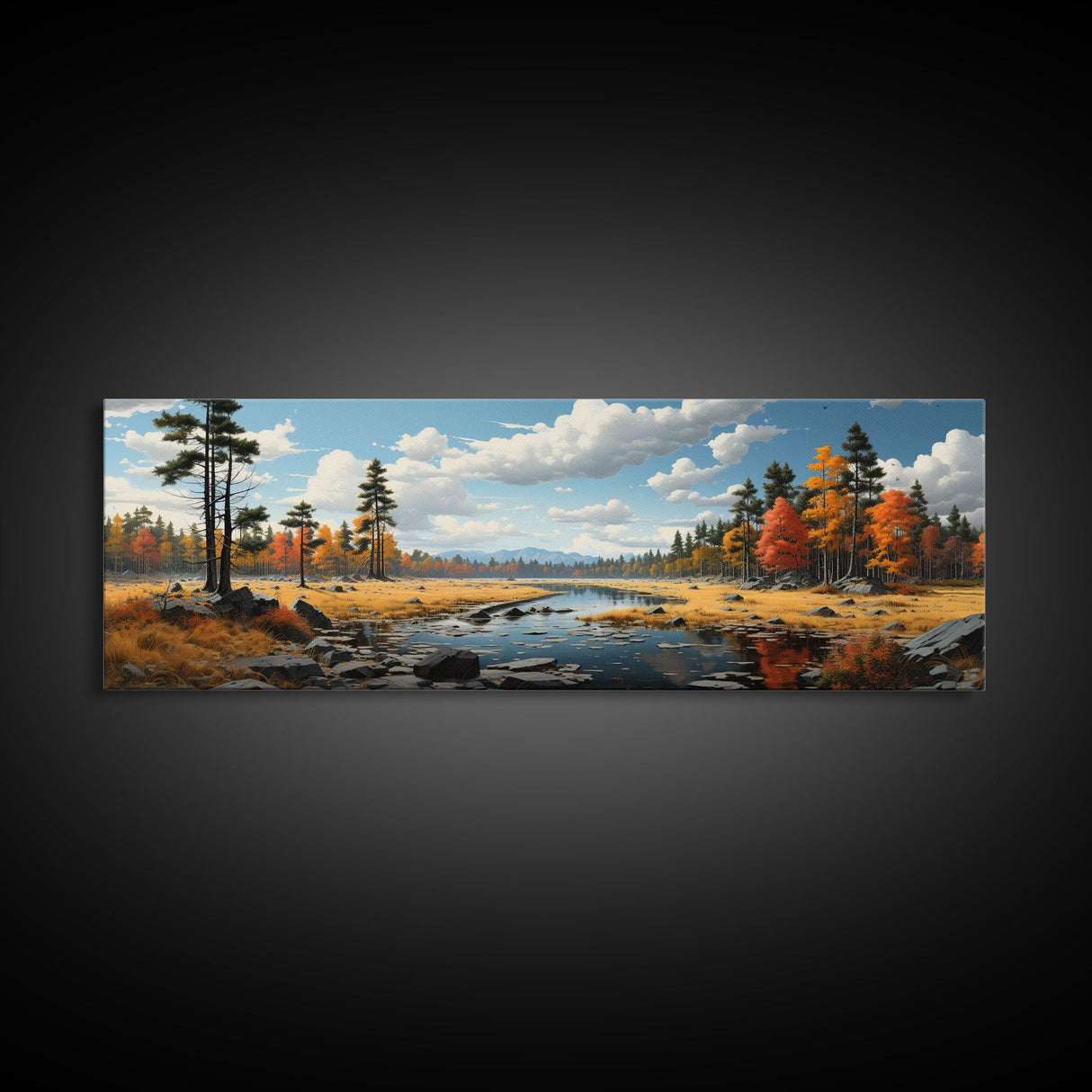 Panoramic Autumn Landscape Painting Framed Canvas Print, Large Wall Art, Fall Centerpiece, Above Fireplace Living Room Art, Mantle Art