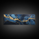 Black, Blue and Gold Marble Canvas Wall Art, Abstract Canvas Art, Panoramic Art, Large Wall Art, Marble Wall Decor, Large Canvas Modern Art