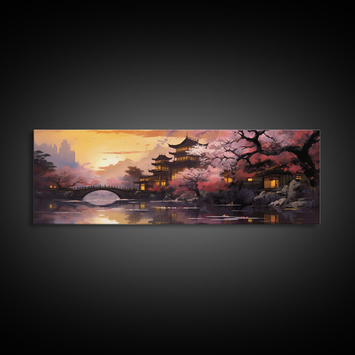 Dawn In Kyoto, Japan - Framed Canvas Print - Panoramic Painting Wall Art - Cute Wall Decor - Japanese Style Art