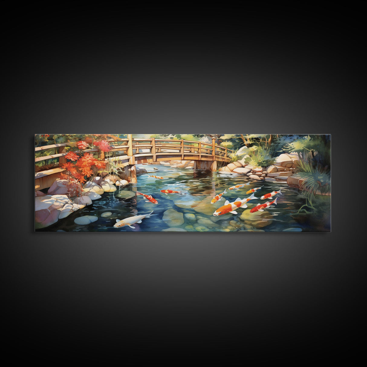 Panoramic Koi Pond Painting Canvas Print, Framed Wall Art, Unique Home Decor, Gift Idea, Art With Frame, Living Room Art