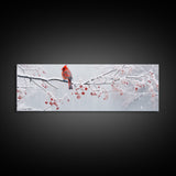 Panoramic Print of a Cardinal In A Snow Storm, Winter Decor, Christmas Centerpiece, Beautiful Animal Print, Animal Painting, Canvas Print