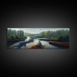 Log Floating Down A River, Extra Large Wall Art, Framed Panoramic Canvas Print, Framed Wall Decor