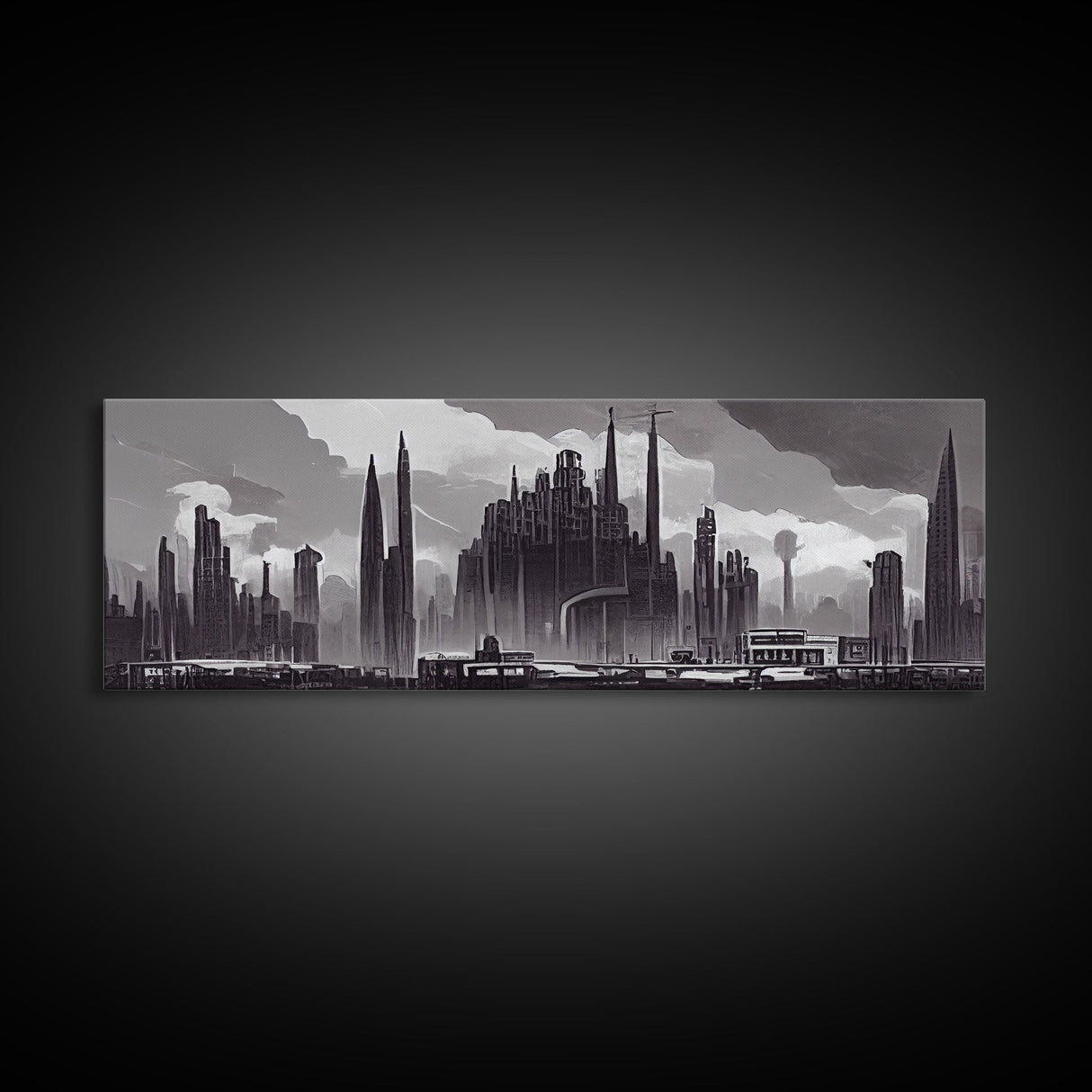 Dystopian Art Deco Style Architecture, Extra Large Wall Art, Framed Panoramic Canvas Print, Framed Wall Decor