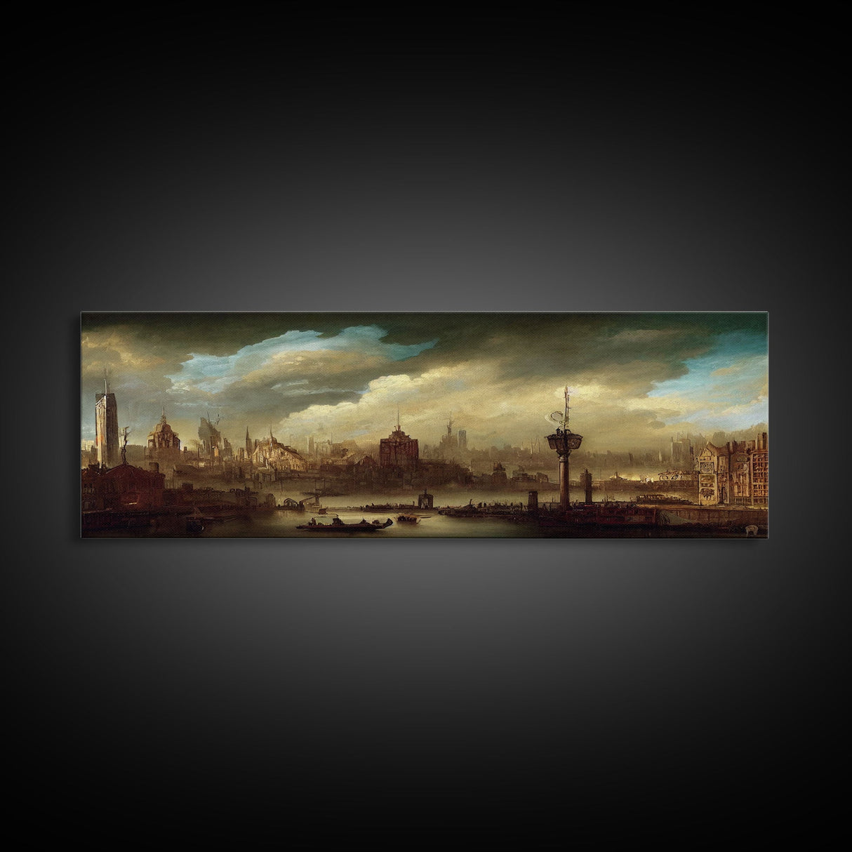 Steampunk Victorian Cityscape, Extra Large Wall Art, Framed Panoramic Canvas Print, Framed Wall Art