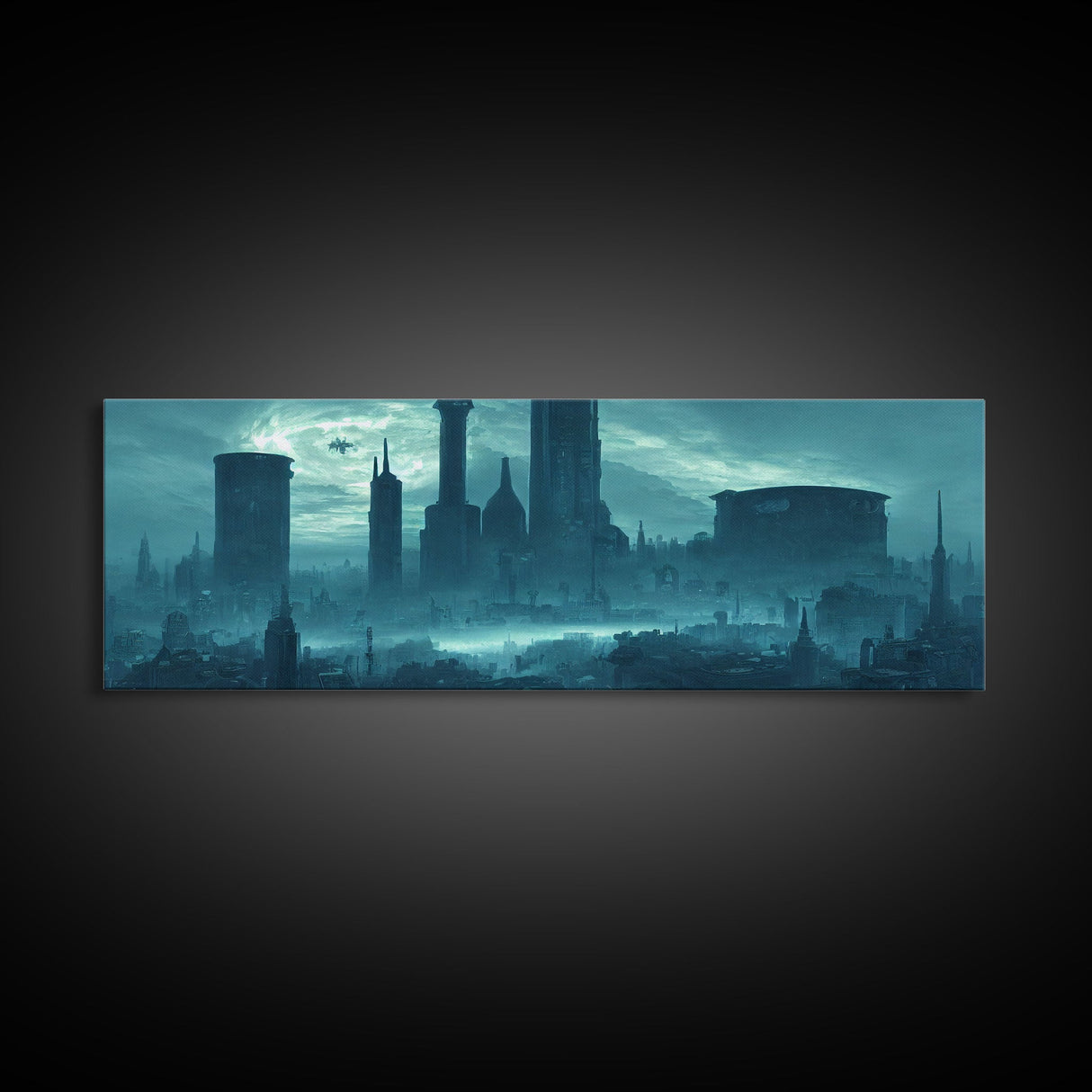 Dystopian Cyberpunk Metropolis, Steampunk Mashup, Extra Large Wall Art, Framed Panoramic Canvas Print, Framed Wall Art