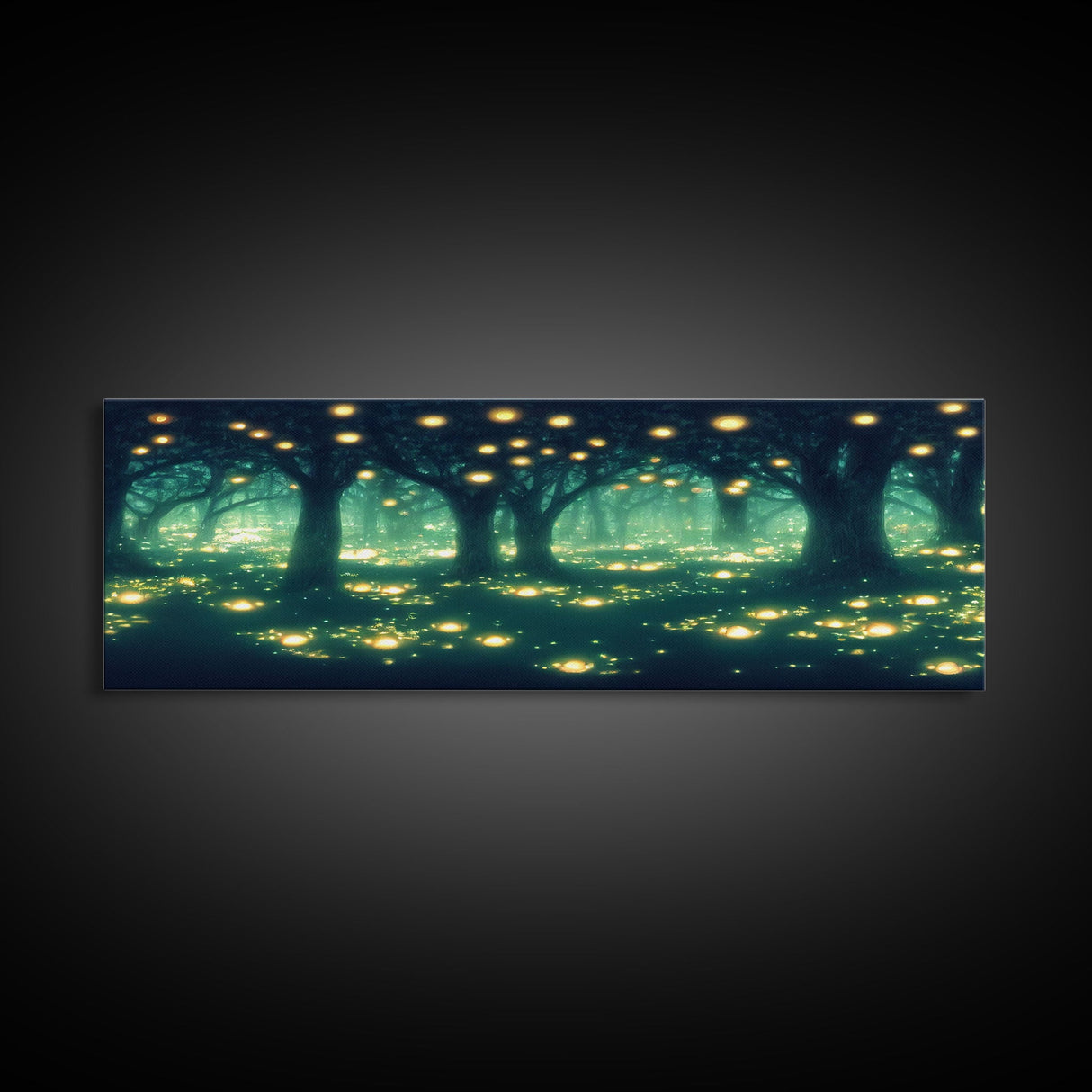 Fantasy Forest At Night With Fireflies, Extra Large Wall Art, Framed Panoramic Canvas Print, Framed Wall Art