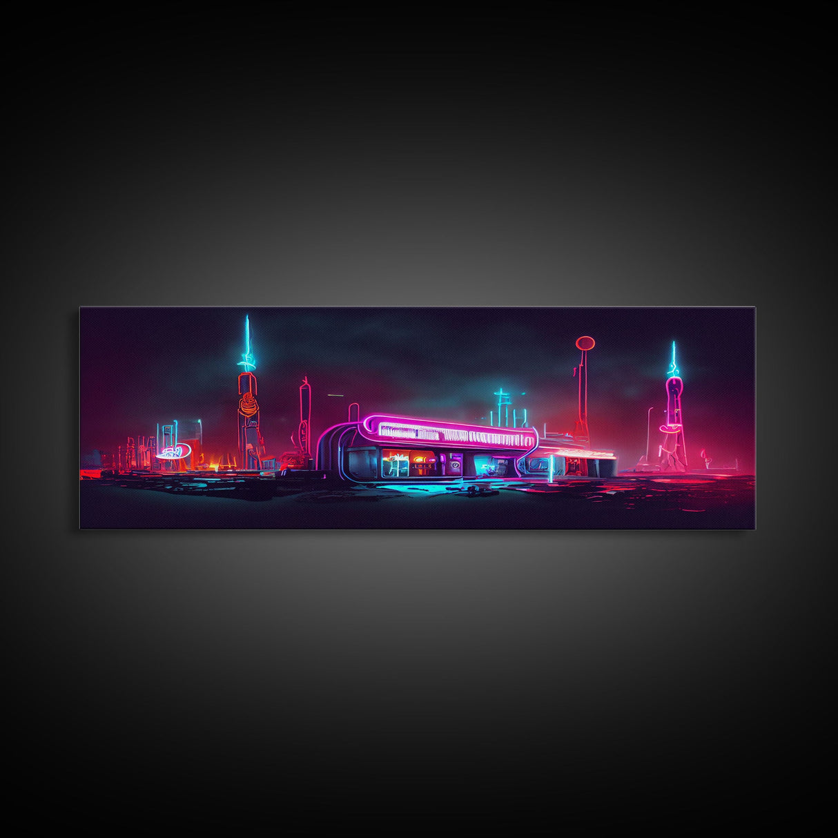 Neon Cyberpunk Atomic Age Diner, Extra Large Wall Art, Framed Panoramic Canvas Print, Framed Wall Art