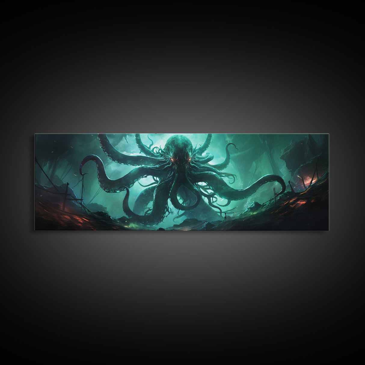 Rise Of Cthulhu Framed Canvas Print, Panoramic Call of Cthulhu H.P. Lovecraft Cosmic Horror Steampunk Gothic Darrk Art Wall Decor