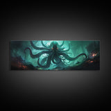 Rise Of Cthulhu Framed Canvas Print, Panoramic Call of Cthulhu H.P. Lovecraft Cosmic Horror Steampunk Gothic Darrk Art Wall Decor