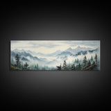 Foggy Mountain Forest Canvas Print, Oil Landscape Painting On Canvas - Ready To Hang Large Panoramic Canvas Wall Art Prints, Framed Wall Art