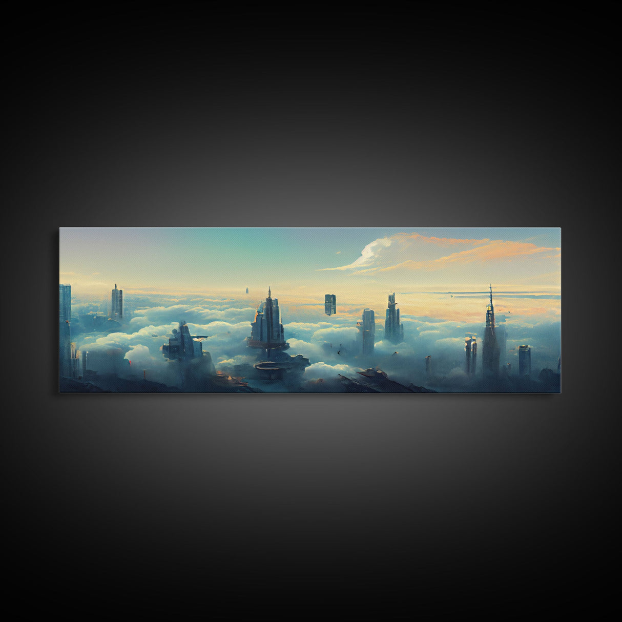 Cyberpunk City Above The Clouds, Futuristic Metropolis, Extra Large Wall Art, Framed Panoramic Canvas Print, Framed Wall Decor