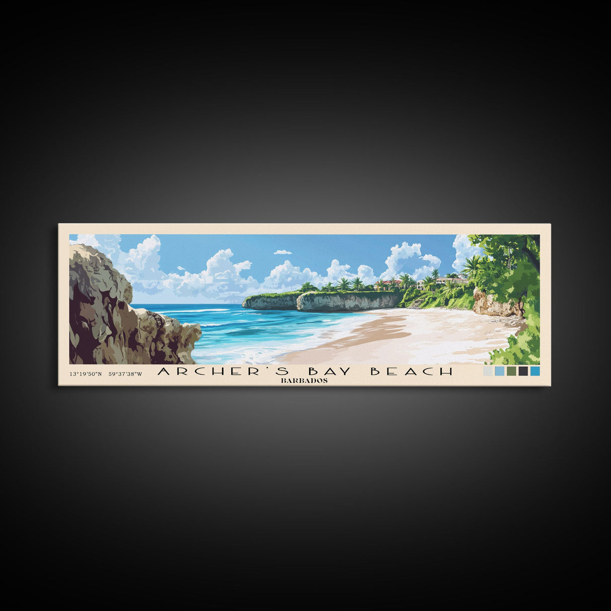 Archer’s Bay Beach, Barbados Panoramic Beach Print, Vacation Gift, Barbados Wall Art, Framed Canvas Print, Framed Beach Painting