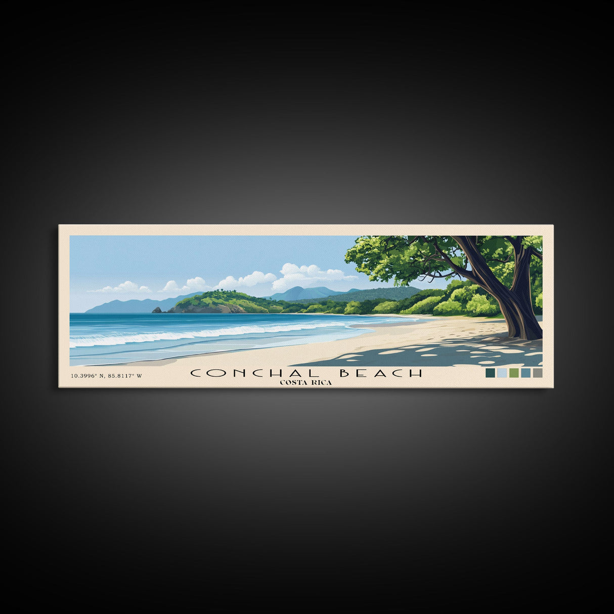 Conchal Beach, Costa Rica Panoramic Print, Vacation Gift, Costa Rica Wall Art, Beach Painting, Beach Decor, Large Wall Art, Wood Frame Art