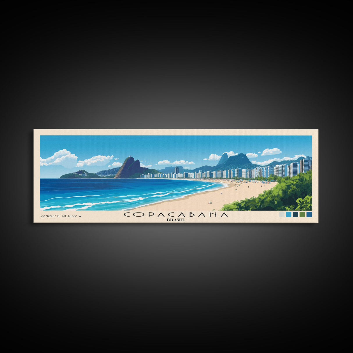 Copacabana, Brazil Panoramic Beach Print, Vacation Gift, Brazil Wall Art, Framed Canvas Print, Framed Beach Painting