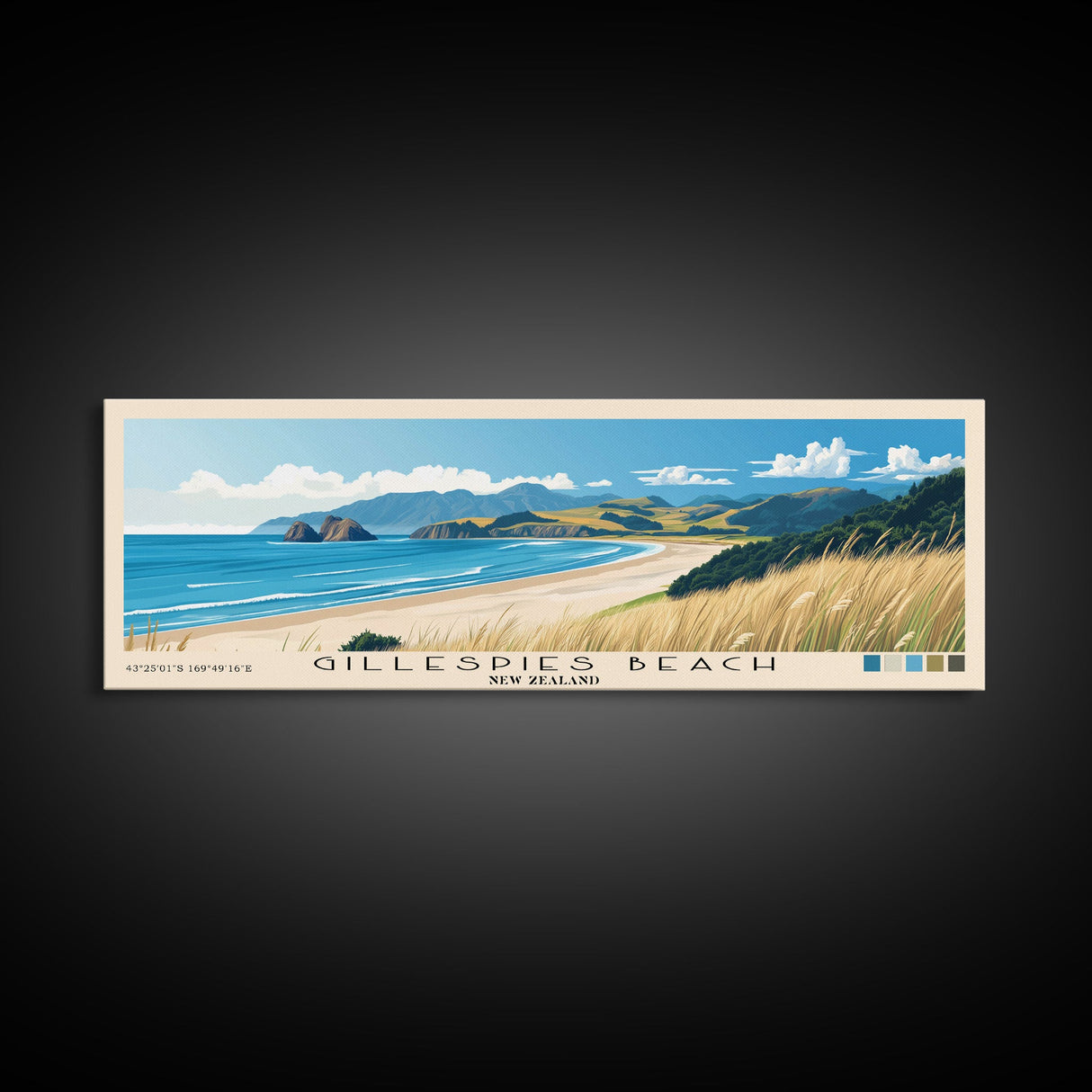 Gillespies Beach, New Zealand Panoramic Beach Print, Vacation Gift, New Zealand Wall Art, Framed Canvas Print, Framed Beach Painting