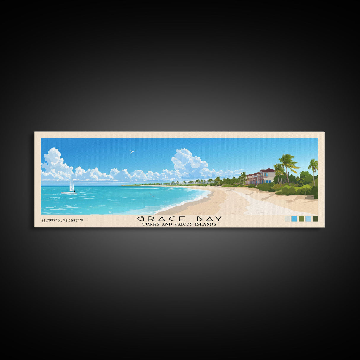 Grace Bay, Turks and Caicos Islands Panoramic Beach Print, Vacation Gift, Turks and Caicos Islands Wall Art, Framed Canvas Print, Framed Beach Painting