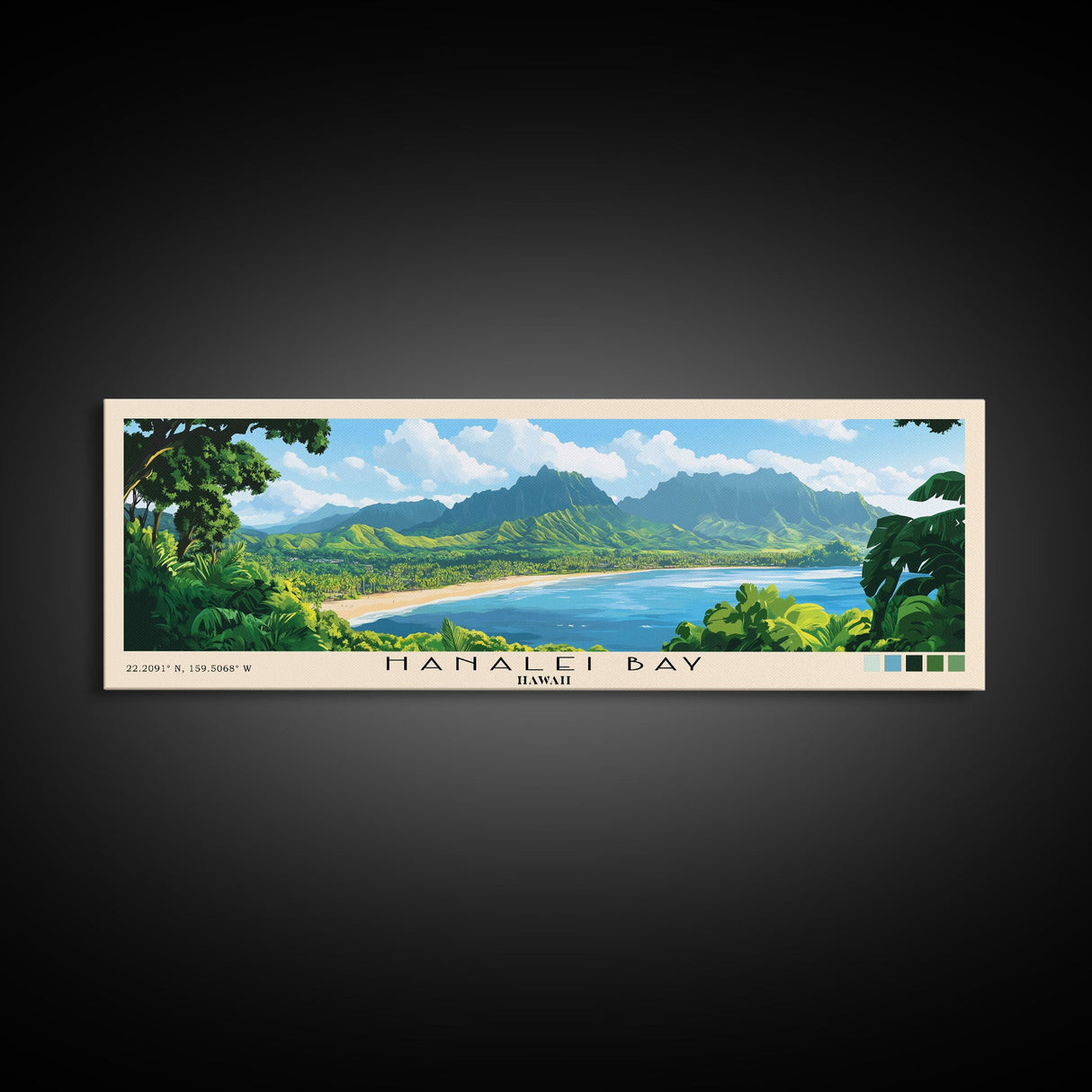 Hanalei Bay, Hawaii Panoramic Print, Vacation Gift, Hawaii Wall Art, Beach Painting, Beach Decor, Large Wall Art, Wood Frame Art