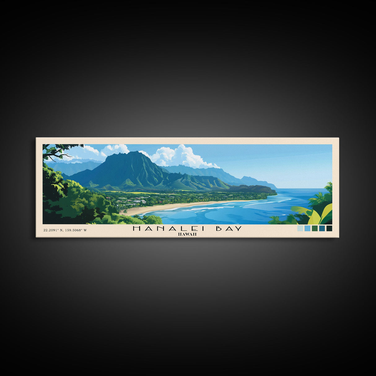 Hanalei Bay, Hawaii Panoramic Beach Print, Vacation Gift, Hawaii Wall Art, Framed Canvas Print, Framed Beach Painting