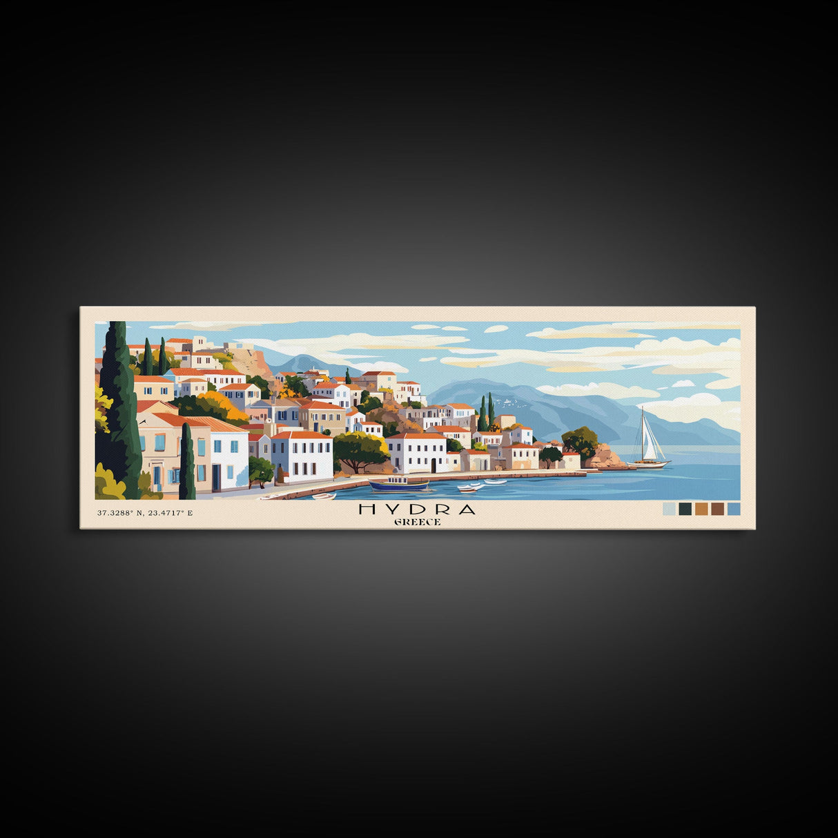 Hydra, Greece Panoramic Beach Print, Vacation Gift, Greece Wall Art, Framed Canvas Print, Framed Beach Painting