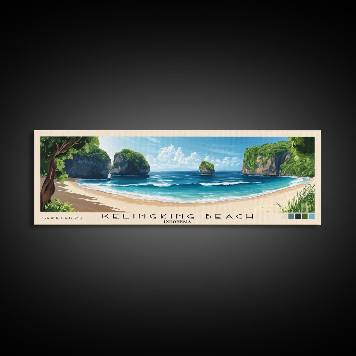 Kelingking Beach, Indonesia Panoramic Beach Print, Vacation Gift, Indonesia Wall Art, Framed Canvas Print, Framed Beach Painting