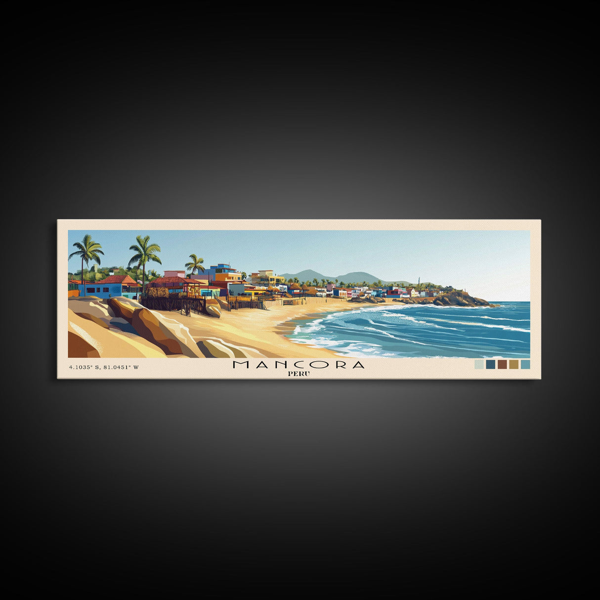 Mancora, Peru Panoramic Beach Print, Vacation Gift, Peru Wall Art, Framed Canvas Print, Framed Beach Painting