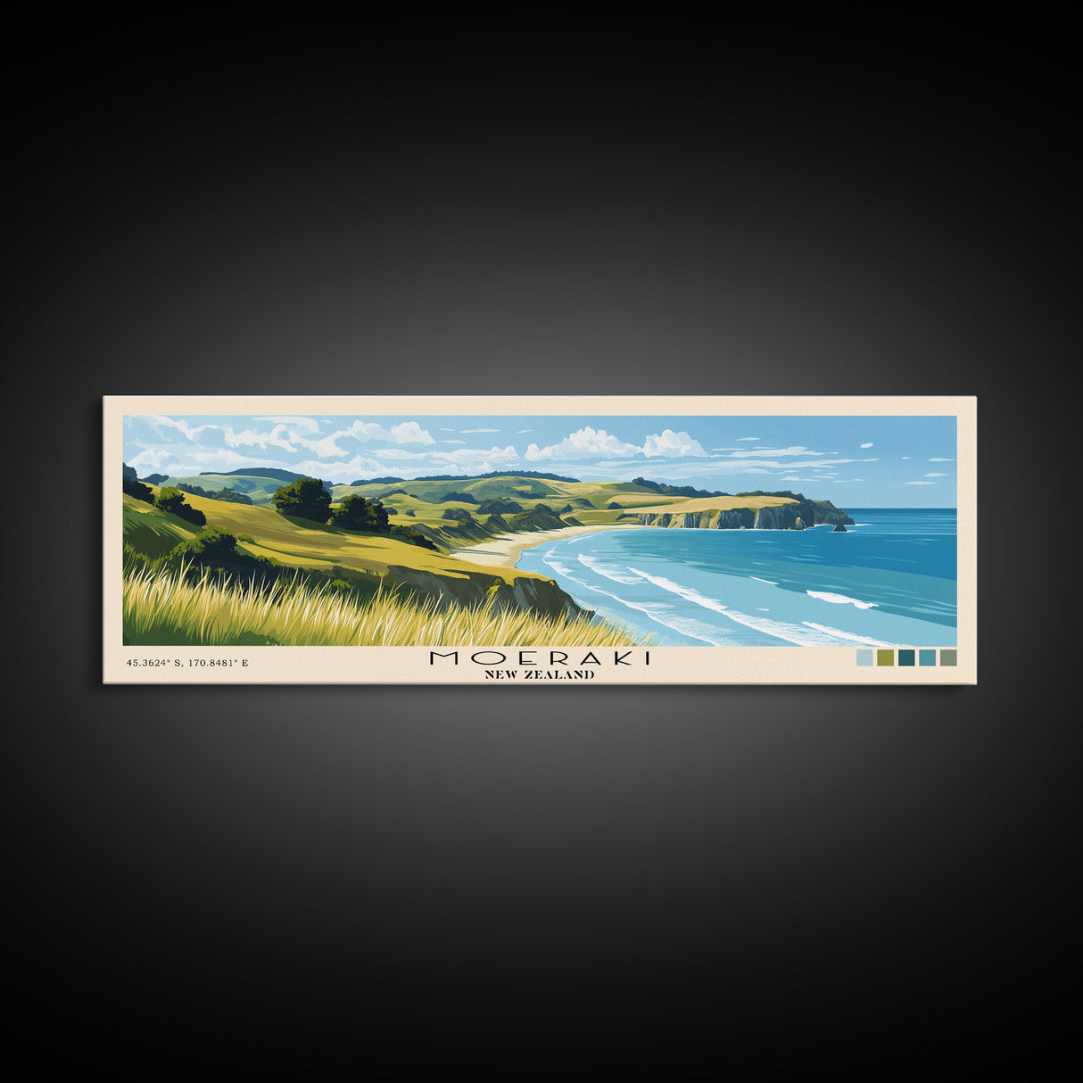 Moeraki, New Zealand Panoramic Beach Print, Vacation Gift, New Zealand Wall Art, Framed Canvas Print, Framed Beach Painting