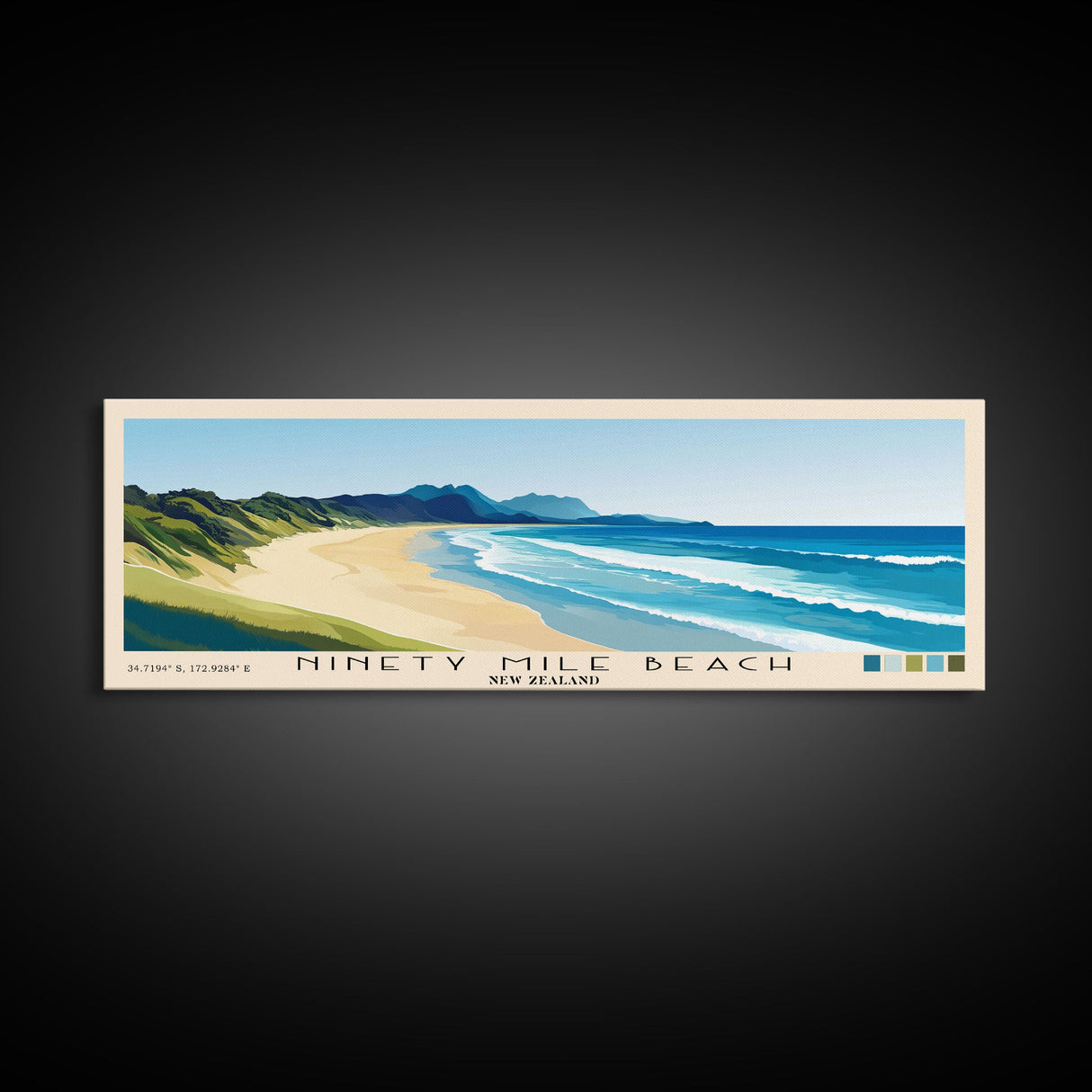 Ninety Mile Beach, New Zealand Panoramic Print, Vacation Gift, New Zealand Wall Art, Beach Painting, Beach Decor, Beach Or Lakehouse Art