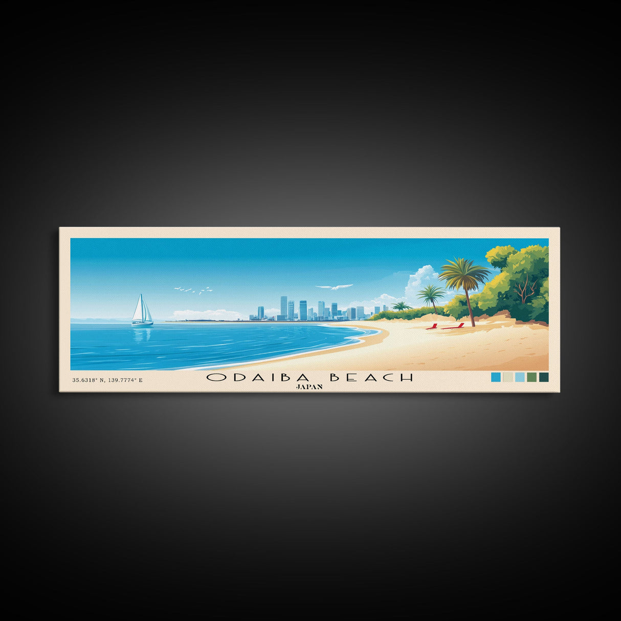 Odaiba Beach, Japan Panoramic Beach Print, Vacation Gift, Japan Wall Art, Framed Canvas Print, Framed Beach Painting