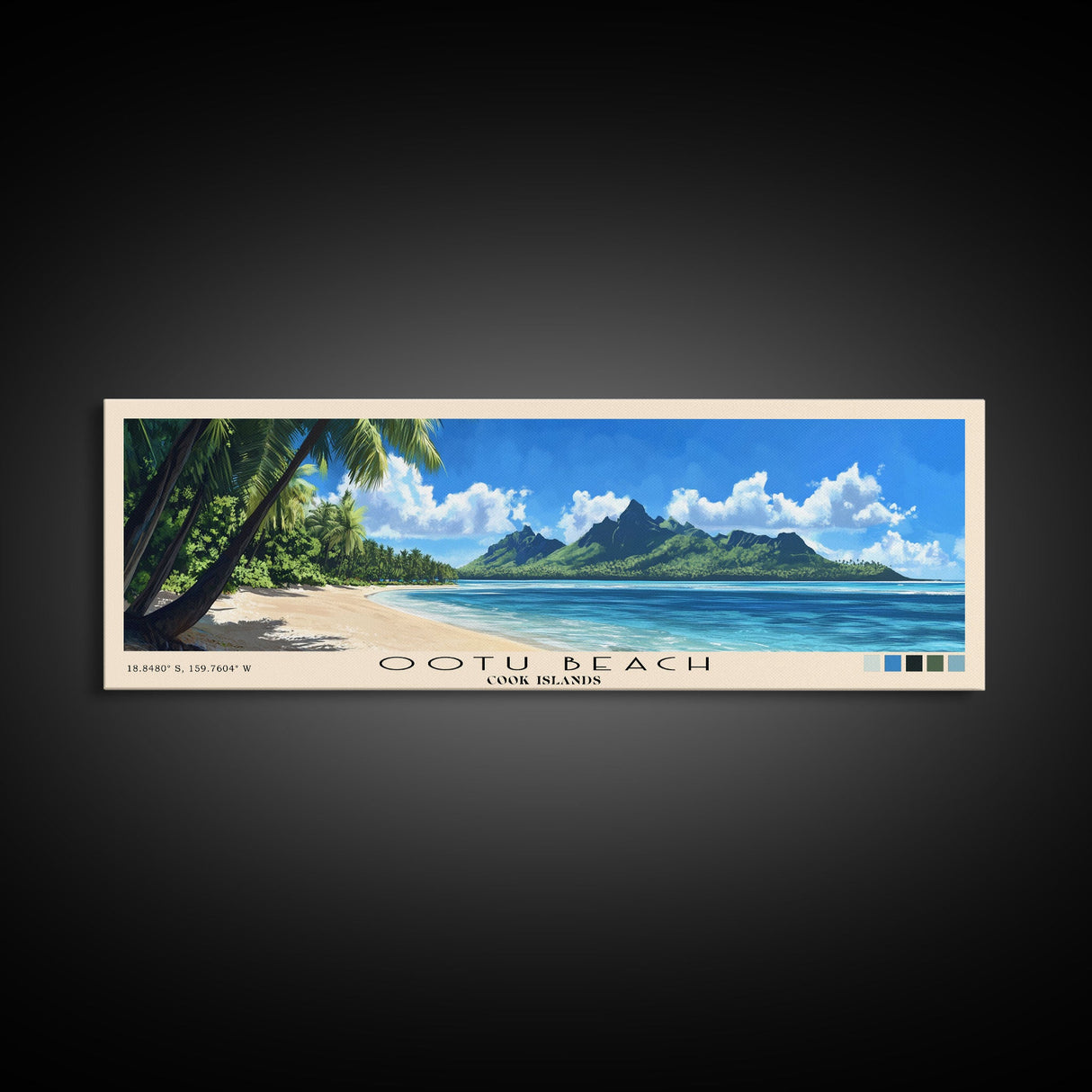 Ootu Beach, Cook Islands Panoramic Print, Vacation Gift, Cook Islands Wall Art, Beach Painting, Beach Decor, Large Wall Art, Wood Frame Art