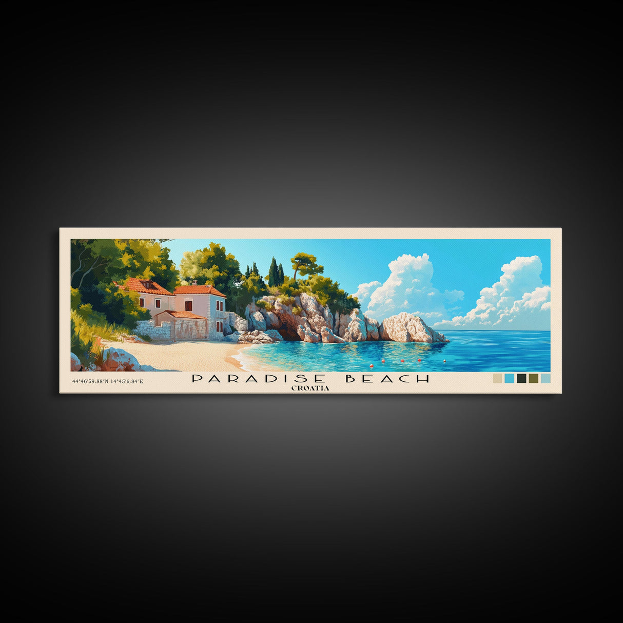 Paradise Beach, Croatia Panoramic Print, Vacation Gift, Croatia Wall Art, Beach Painting, Beach Decor, Large Wall Art, Wood Frame Art