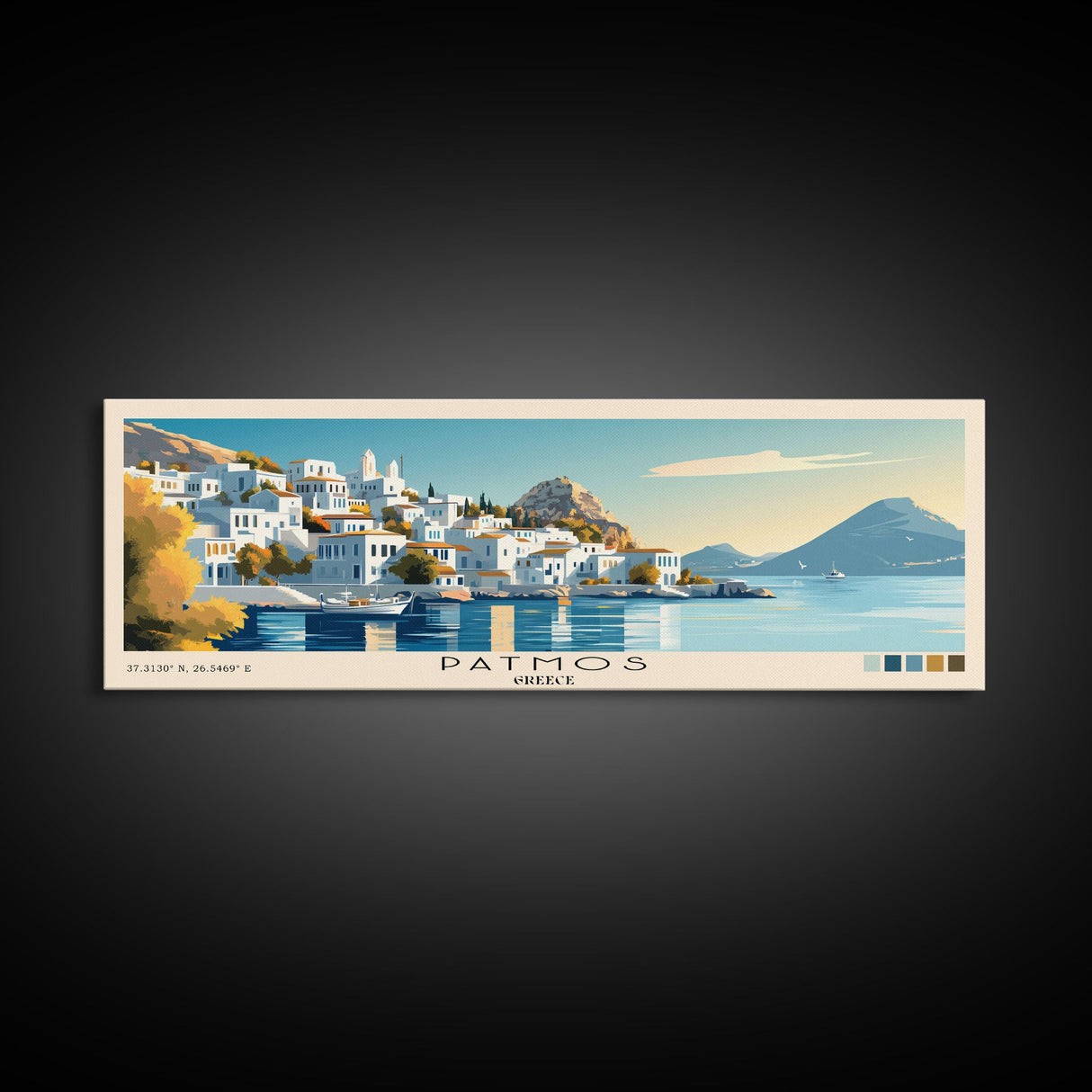 Patmos, Greece Panoramic Beach Print, Vacation Gift, Greece Wall Art, Beach Painting, Beach Decor, Beach Painting