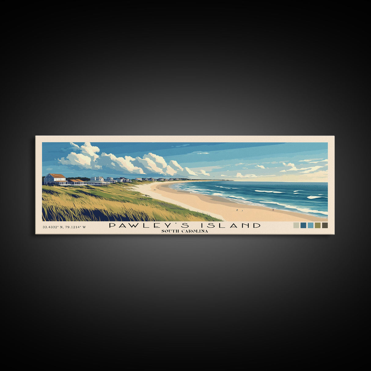 Pawley's Island, South Carolina Panoramic Beach Print, Vacation Gift, South Carolina Wall Art, Framed Canvas Print, Framed Beach Painting