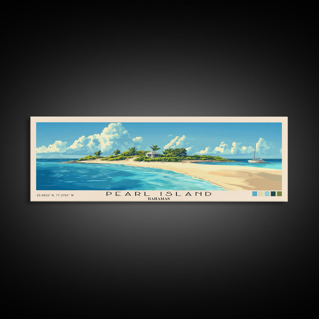 Pearl Island, Bahamas Panoramic Print, Vacation Gift, Bahamas Wall Art, Beach Painting, Beach Decor, Large Wall Art, Wood Frame Art